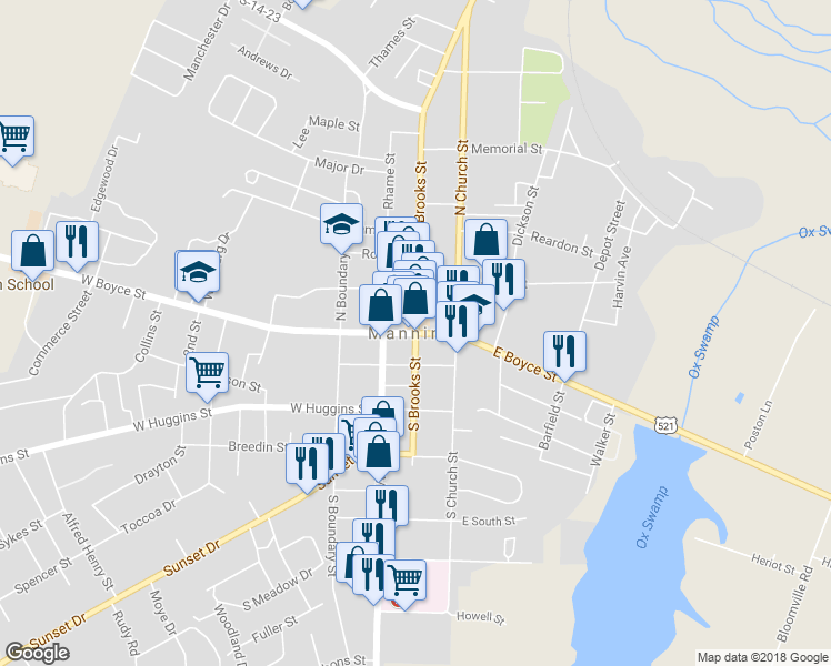 map of restaurants, bars, coffee shops, grocery stores, and more near U.S. 301 in Manning