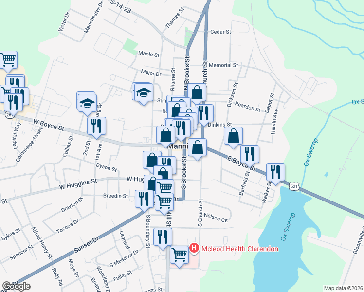 map of restaurants, bars, coffee shops, grocery stores, and more near in Manning