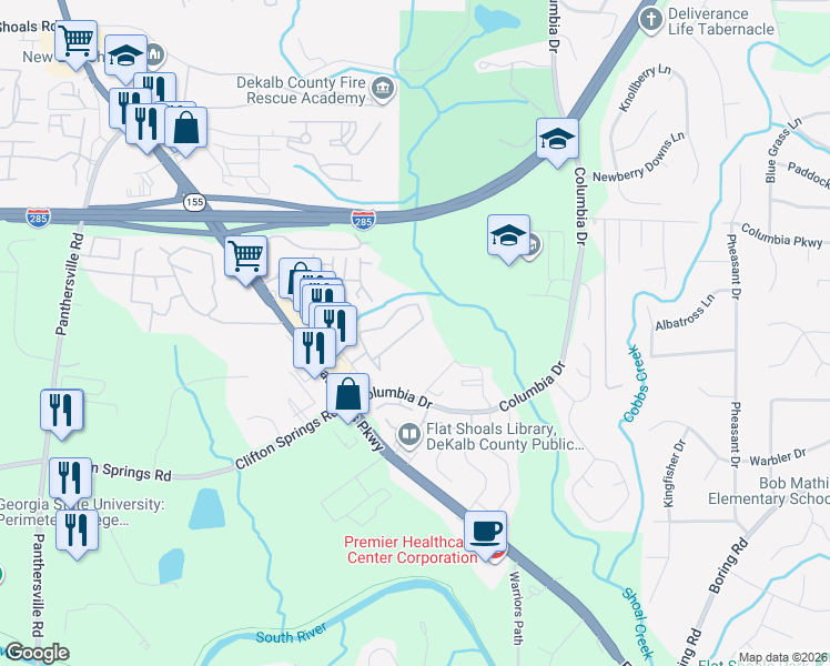 map of restaurants, bars, coffee shops, grocery stores, and more near 2910 Vining Ridge Terrace in Decatur