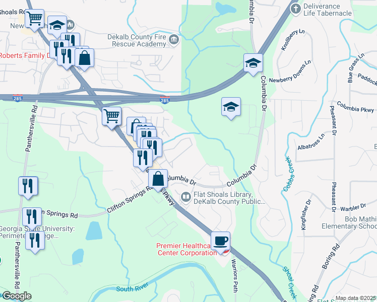 map of restaurants, bars, coffee shops, grocery stores, and more near 2896 Vining Ridge Terrace in Decatur