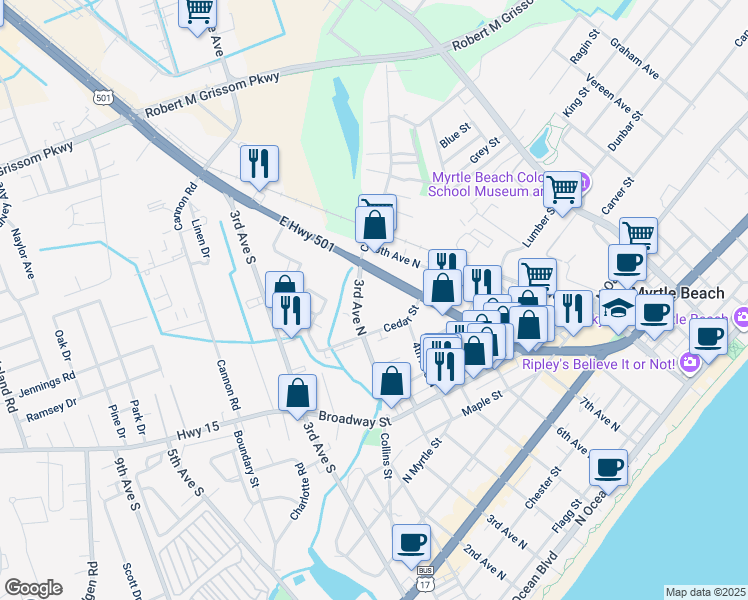 map of restaurants, bars, coffee shops, grocery stores, and more near 313 Cedar Street in Myrtle Beach
