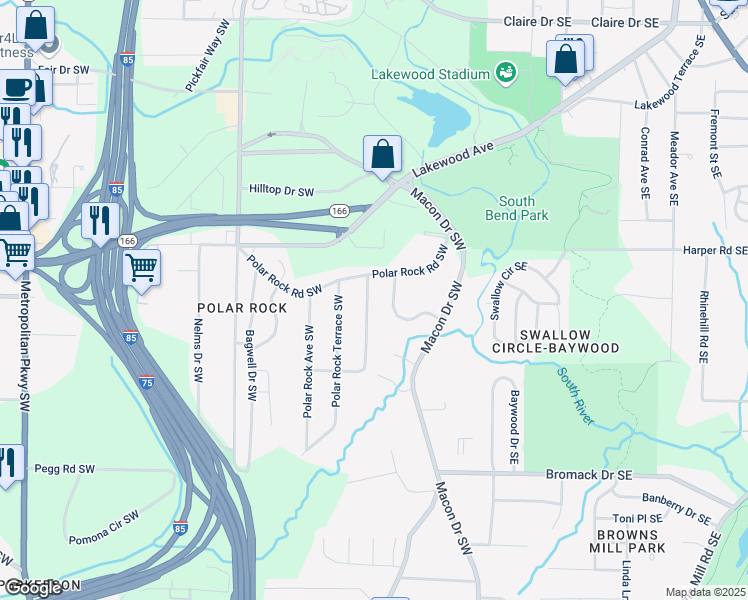 map of restaurants, bars, coffee shops, grocery stores, and more near 2168 Polar Rock Place Southwest in Atlanta