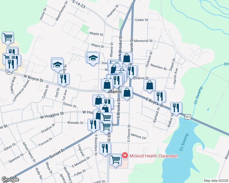 map of restaurants, bars, coffee shops, grocery stores, and more near 1-99 West Boyce Street in Manning