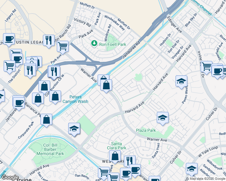 map of restaurants, bars, coffee shops, grocery stores, and more near 3229 Larkspur Street in Tustin