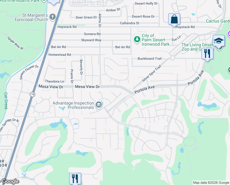 map of restaurants, bars, coffee shops, grocery stores, and more near 48641 Palo Verde Court in Palm Desert