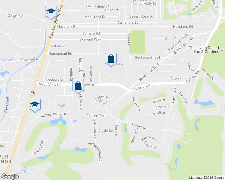 map of restaurants, bars, coffee shops, grocery stores, and more near 48639 Palo Verde Court in Palm Desert