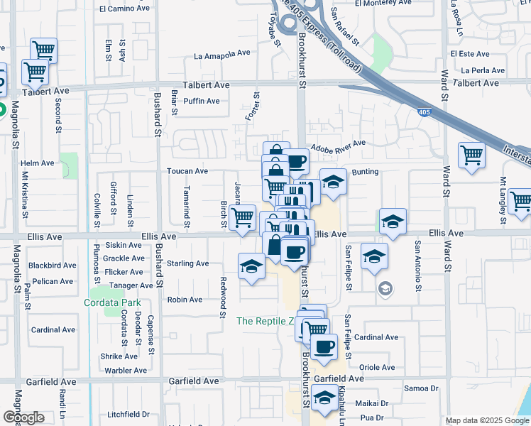 map of restaurants, bars, coffee shops, grocery stores, and more near 9835 Ellis Avenue in Fountain Valley