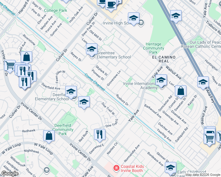 map of restaurants, bars, coffee shops, grocery stores, and more near 14941 Doheny Circle in Irvine