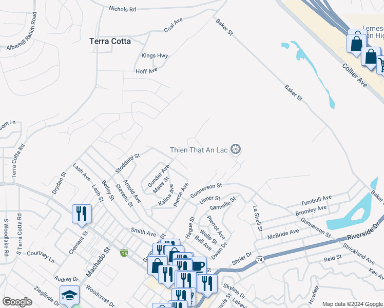 map of restaurants, bars, coffee shops, grocery stores, and more near Ingall Circle in Lake Elsinore