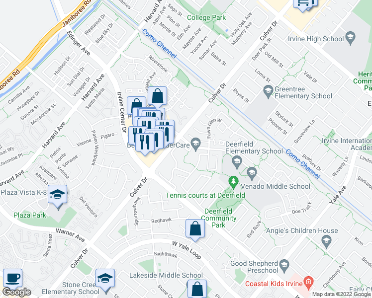 map of restaurants, bars, coffee shops, grocery stores, and more near 8 Deerwood West in Irvine