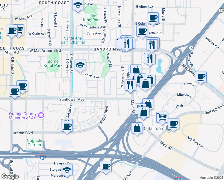 map of restaurants, bars, coffee shops, grocery stores, and more near 306 West Stevens Avenue in Santa Ana