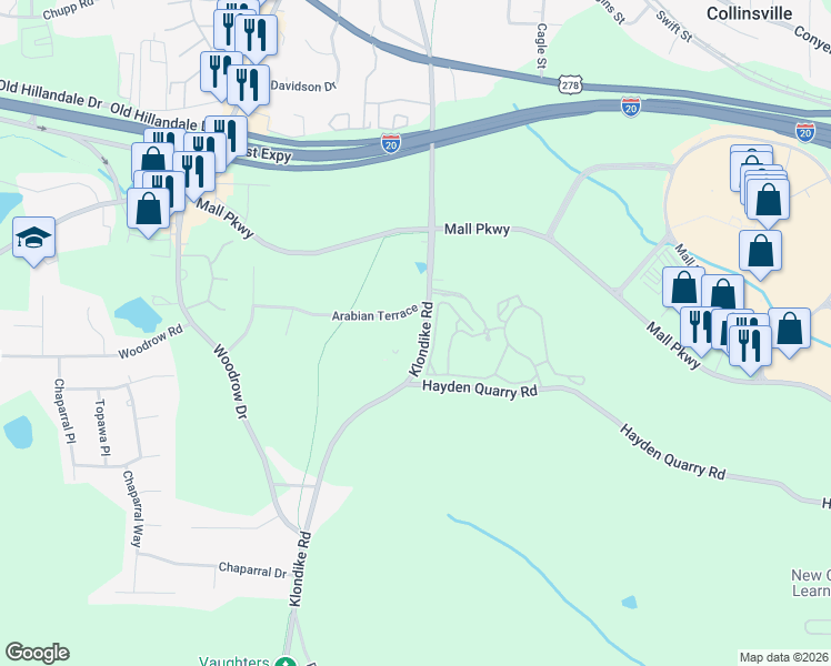 map of restaurants, bars, coffee shops, grocery stores, and more near 3021 Klondike Road in Stonecrest