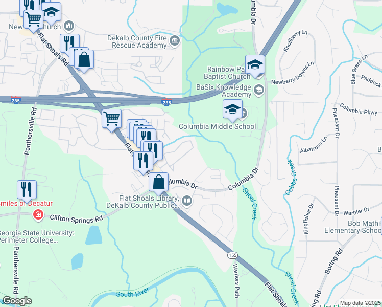 map of restaurants, bars, coffee shops, grocery stores, and more near 2910 Vining Ridge Terrace in Decatur