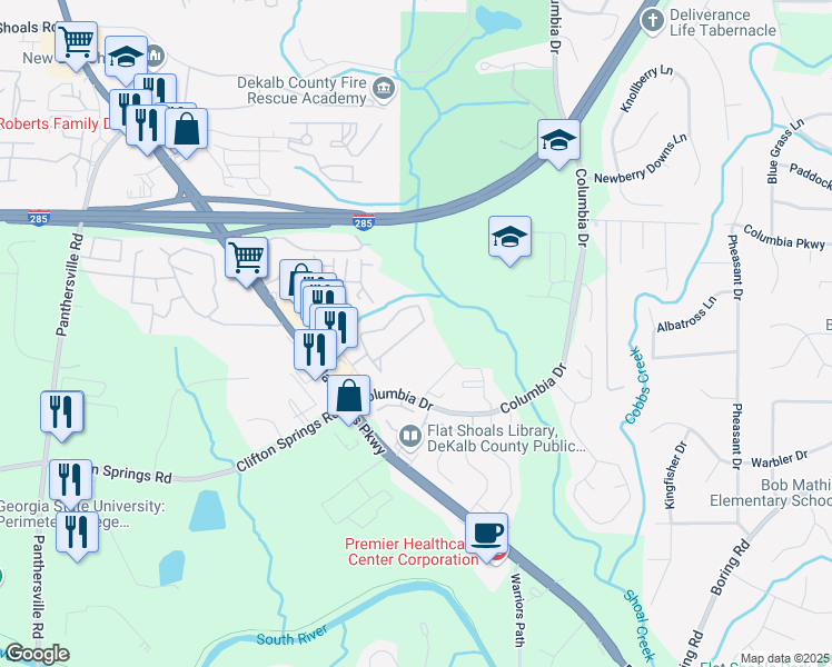 map of restaurants, bars, coffee shops, grocery stores, and more near 2896 Vining Ridge Terrace in Decatur