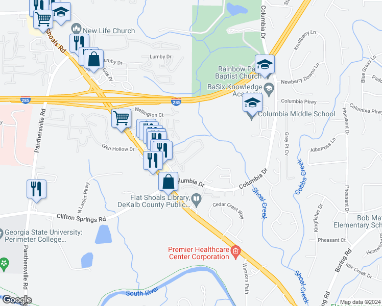 map of restaurants, bars, coffee shops, grocery stores, and more near 2910 Vining Ridge Terrace in Decatur