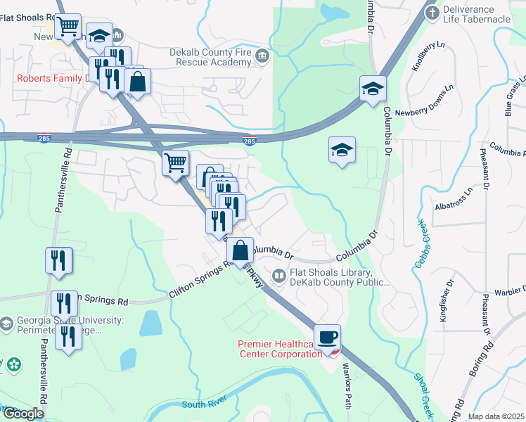 map of restaurants, bars, coffee shops, grocery stores, and more near 2787 Vining Ridge Terrace in Decatur