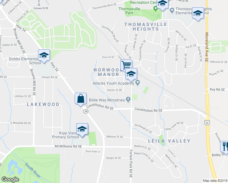 map of restaurants, bars, coffee shops, grocery stores, and more near 817 Haven Street Southeast in Atlanta