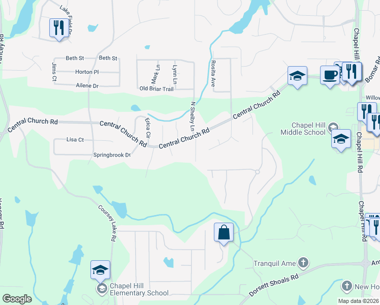 map of restaurants, bars, coffee shops, grocery stores, and more near 4075 South Shelby Lane in Douglasville