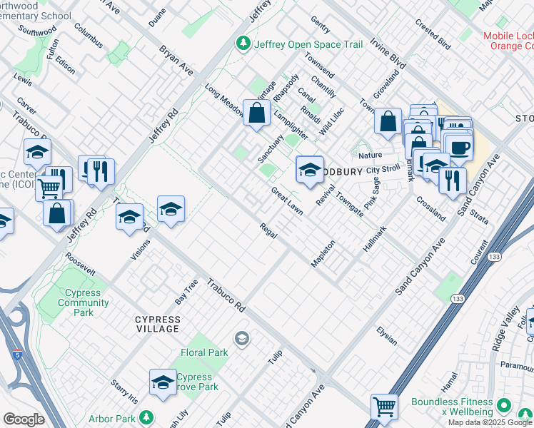 map of restaurants, bars, coffee shops, grocery stores, and more near 127 Regal in Irvine