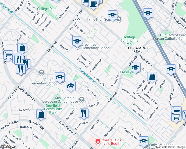 map of restaurants, bars, coffee shops, grocery stores, and more near 14941 Doheny Circle in Irvine