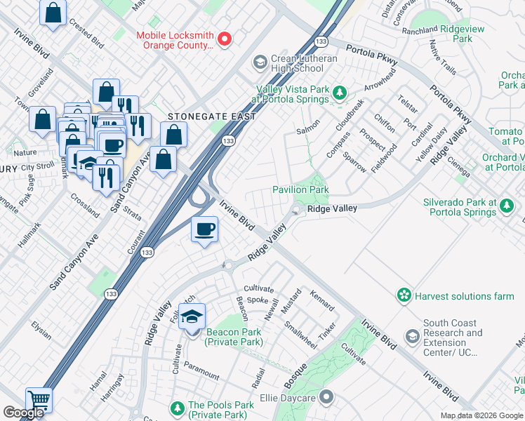 map of restaurants, bars, coffee shops, grocery stores, and more near 252 Wicker in Irvine