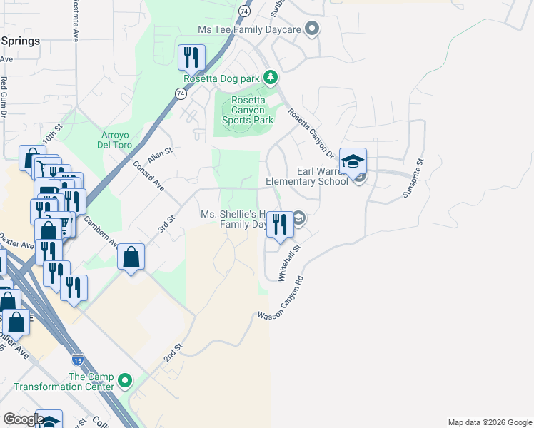 map of restaurants, bars, coffee shops, grocery stores, and more near 40950 Diana Lane in Lake Elsinore