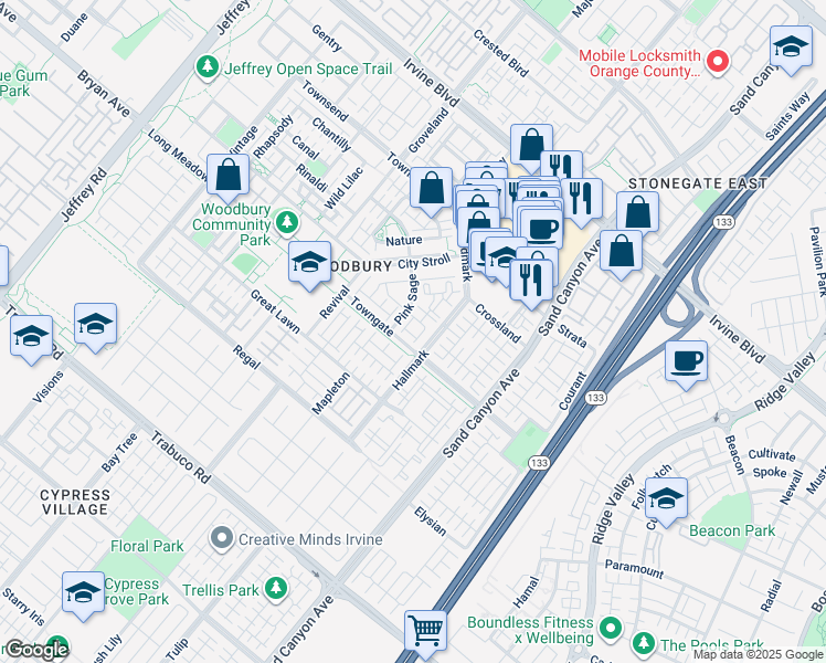 map of restaurants, bars, coffee shops, grocery stores, and more near 28 Pink Sage in Irvine
