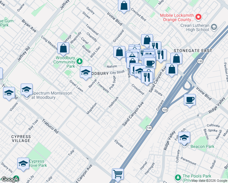 map of restaurants, bars, coffee shops, grocery stores, and more near 78 Talisman in Irvine