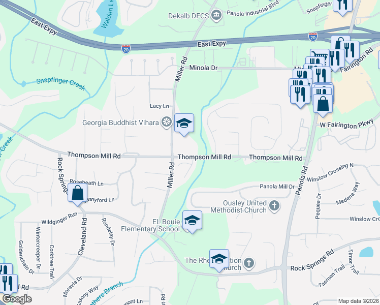 map of restaurants, bars, coffee shops, grocery stores, and more near 5024 Millers Glen in Stonecrest