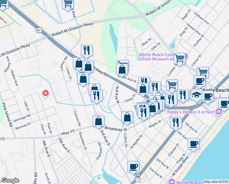 map of restaurants, bars, coffee shops, grocery stores, and more near 209 Cedar Street in Myrtle Beach