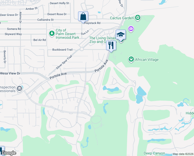 map of restaurants, bars, coffee shops, grocery stores, and more near 48819 Mescal Lane in Palm Desert