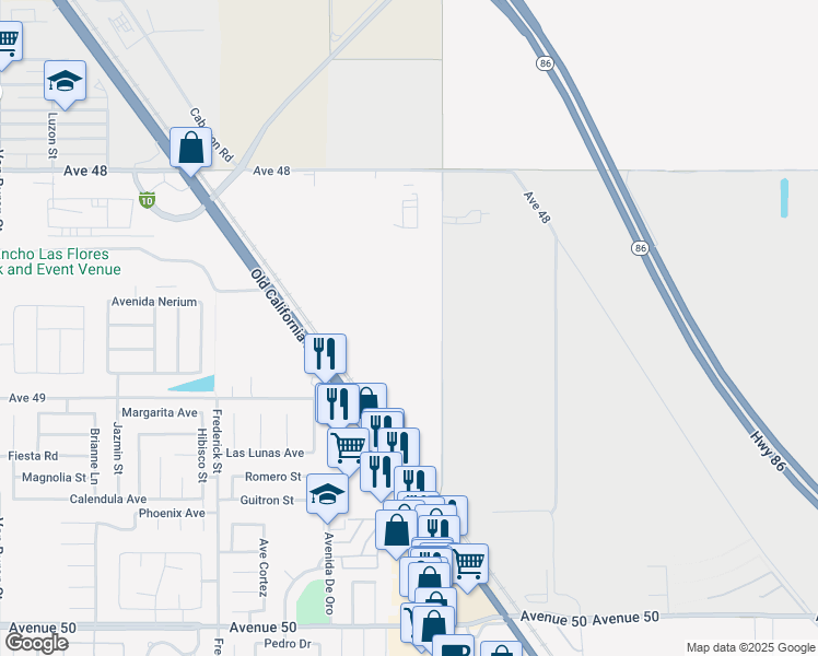 map of restaurants, bars, coffee shops, grocery stores, and more near Harrison Place in Coachella