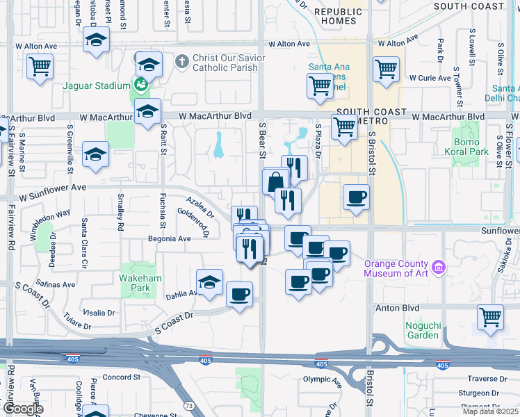 map of restaurants, bars, coffee shops, grocery stores, and more near in Costa Mesa
