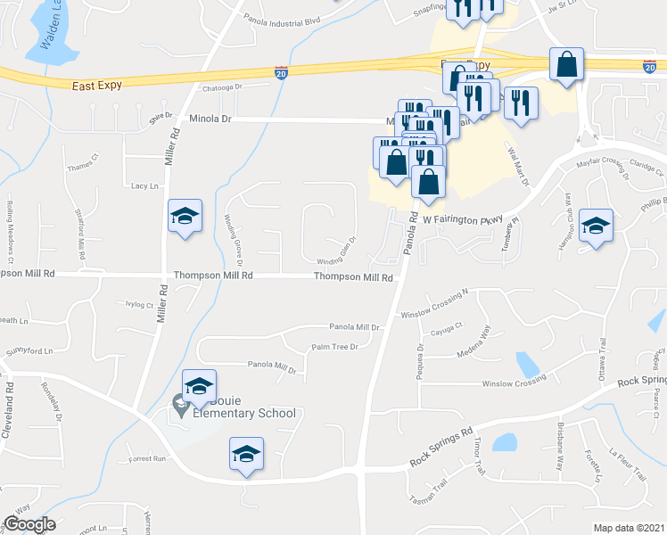 map of restaurants, bars, coffee shops, grocery stores, and more near 5239 Winding Glen Drive in Stonecrest