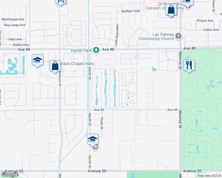 map of restaurants, bars, coffee shops, grocery stores, and more near 48170 Hjorth Street in Indio