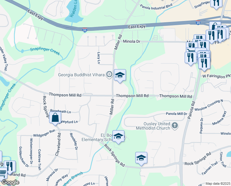 map of restaurants, bars, coffee shops, grocery stores, and more near 5024 Millers Glen in Stonecrest