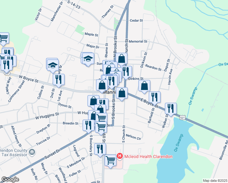 map of restaurants, bars, coffee shops, grocery stores, and more near 1 North Brooks Street in Manning