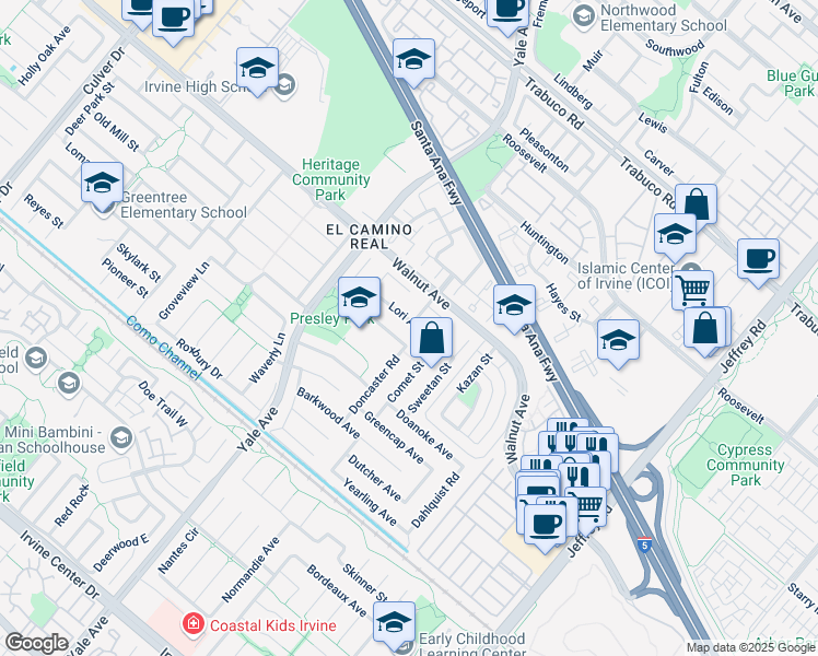 map of restaurants, bars, coffee shops, grocery stores, and more near 14651 Doncaster Road in Irvine