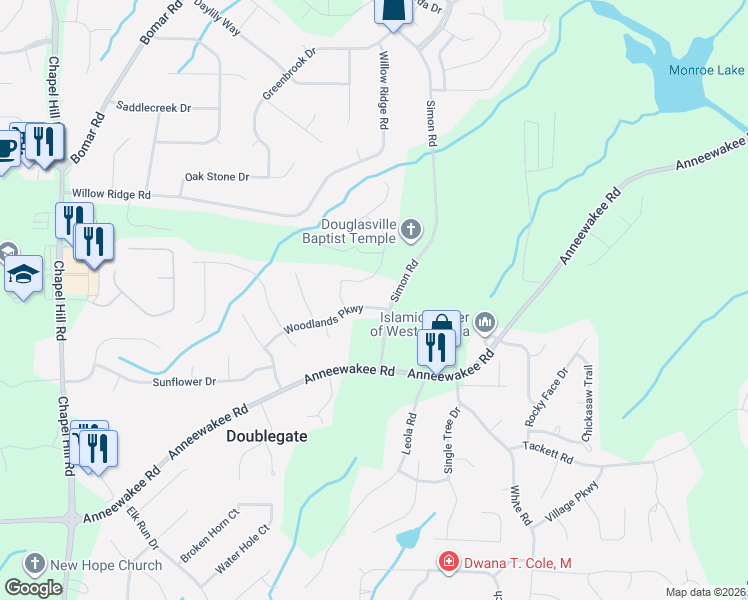 map of restaurants, bars, coffee shops, grocery stores, and more near 4092 Simon Road in Douglasville