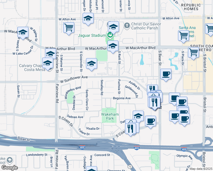 map of restaurants, bars, coffee shops, grocery stores, and more near 1030 Damascus Circle in Costa Mesa