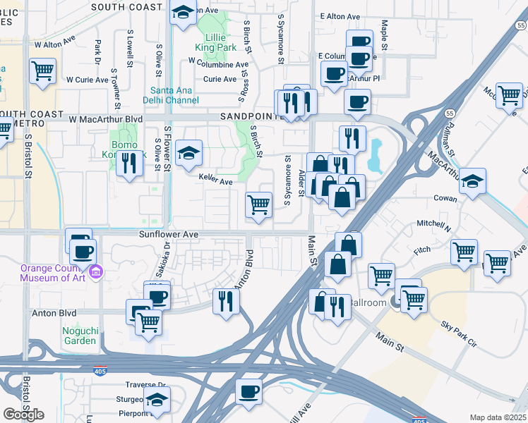 map of restaurants, bars, coffee shops, grocery stores, and more near 306 West Stevens Avenue in Santa Ana