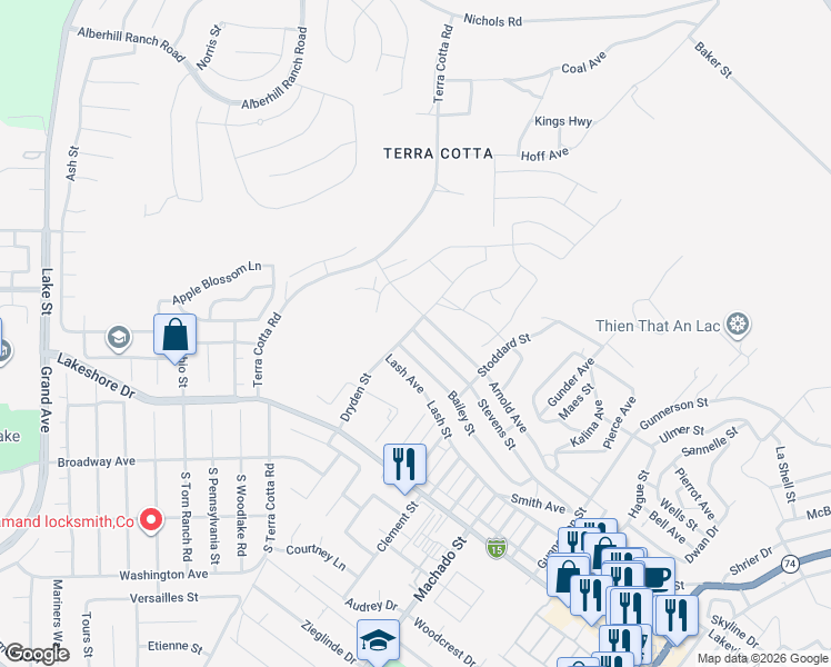 map of restaurants, bars, coffee shops, grocery stores, and more near Stevens Avenue in Lake Elsinore