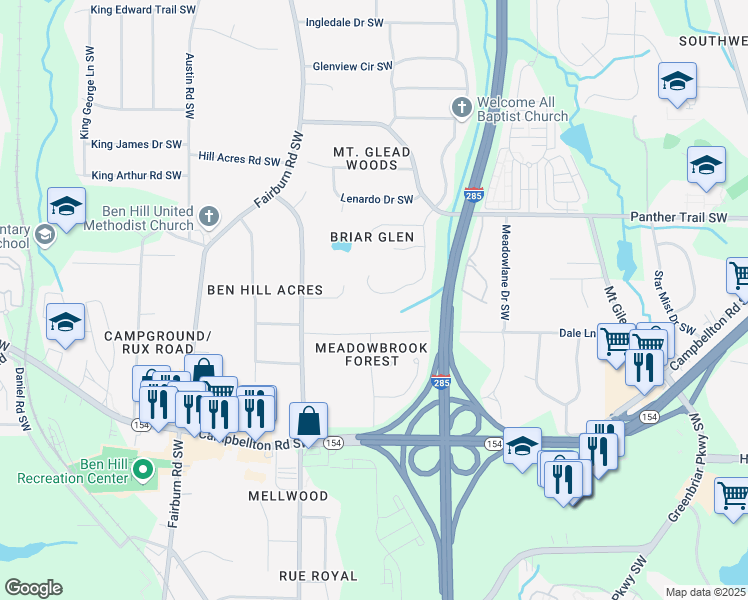 map of restaurants, bars, coffee shops, grocery stores, and more near 2139 Briar Glen Lane Southwest in Atlanta