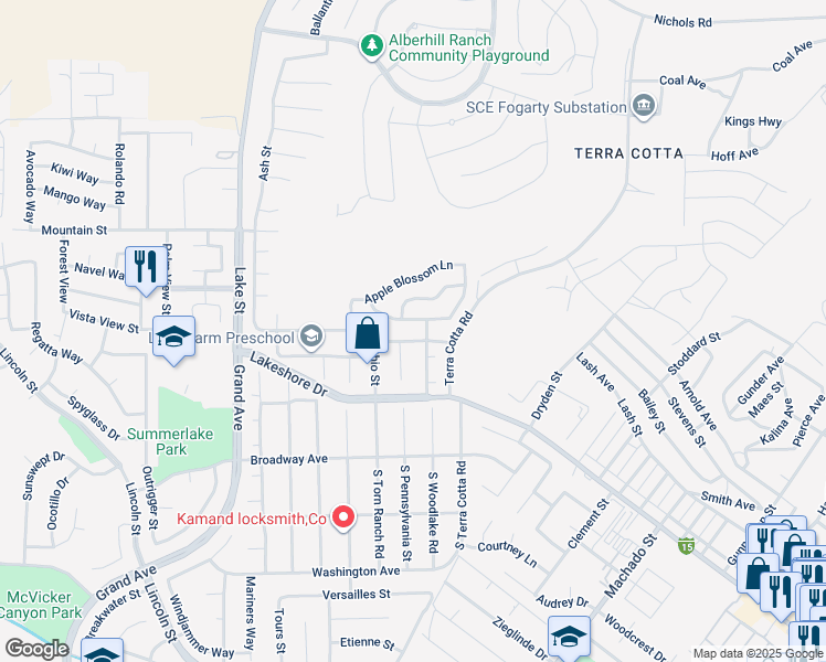 map of restaurants, bars, coffee shops, grocery stores, and more near 3472 Harrison Avenue in Lake Elsinore