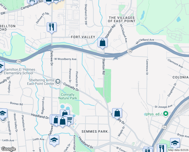 map of restaurants, bars, coffee shops, grocery stores, and more near 2156 Pointview Drive in East Point