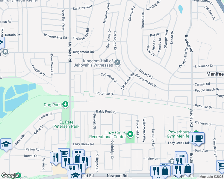 map of restaurants, bars, coffee shops, grocery stores, and more near 29331 Mawr Court in Menifee