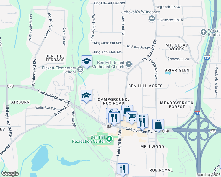 map of restaurants, bars, coffee shops, grocery stores, and more near 2148 Camp Ground Road Southwest in Atlanta