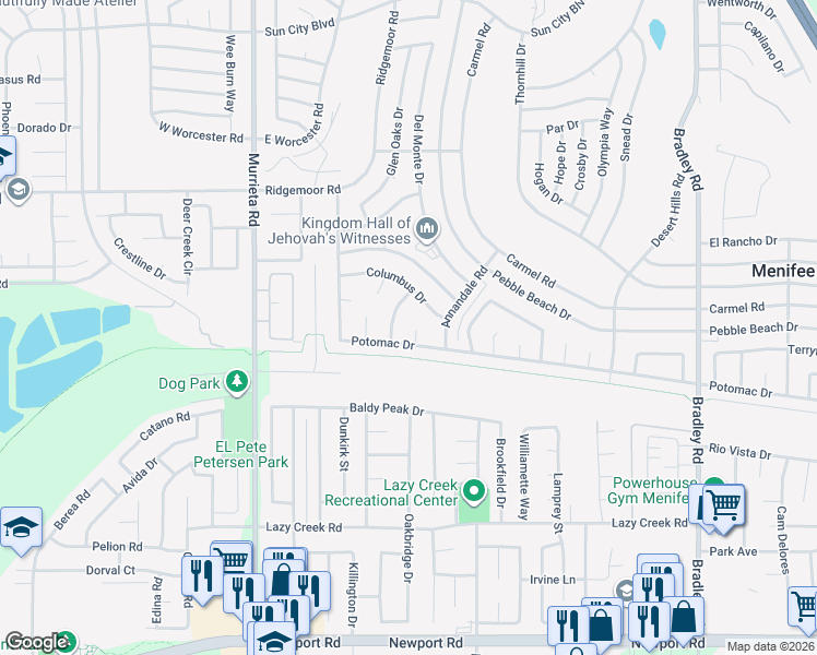 map of restaurants, bars, coffee shops, grocery stores, and more near 29331 Mawr Court in Menifee