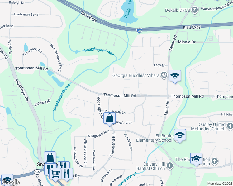 map of restaurants, bars, coffee shops, grocery stores, and more near 3032 Rolling Meadows Court in Stonecrest