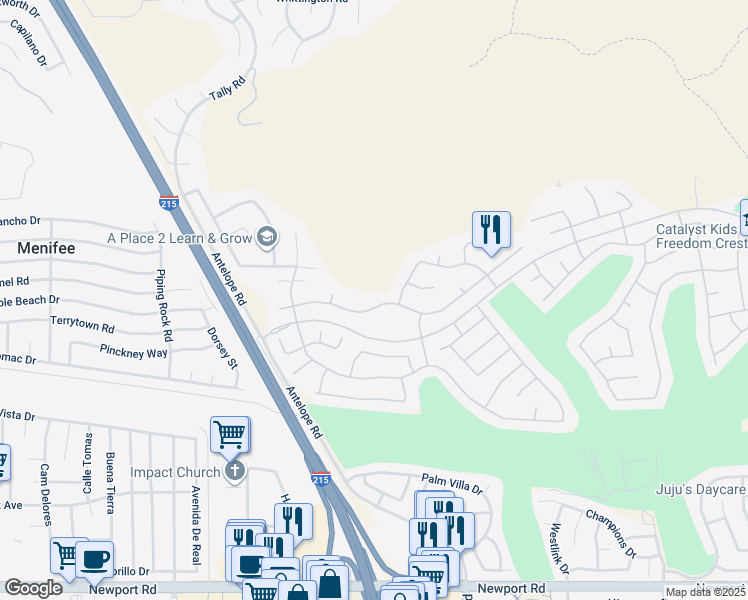 map of restaurants, bars, coffee shops, grocery stores, and more near 28006 Panorama Hills Drive in Menifee